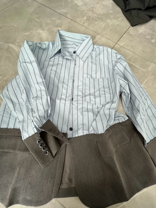 韩版翻领条纹拼接撞色衬衣夏季长袖衬衫蓝色女款西服女设计感上衣