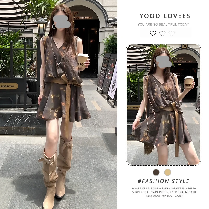 2025新款复古印花抽绳v领无袖a字连衣裙女收腰宽松显瘦短款背心裙