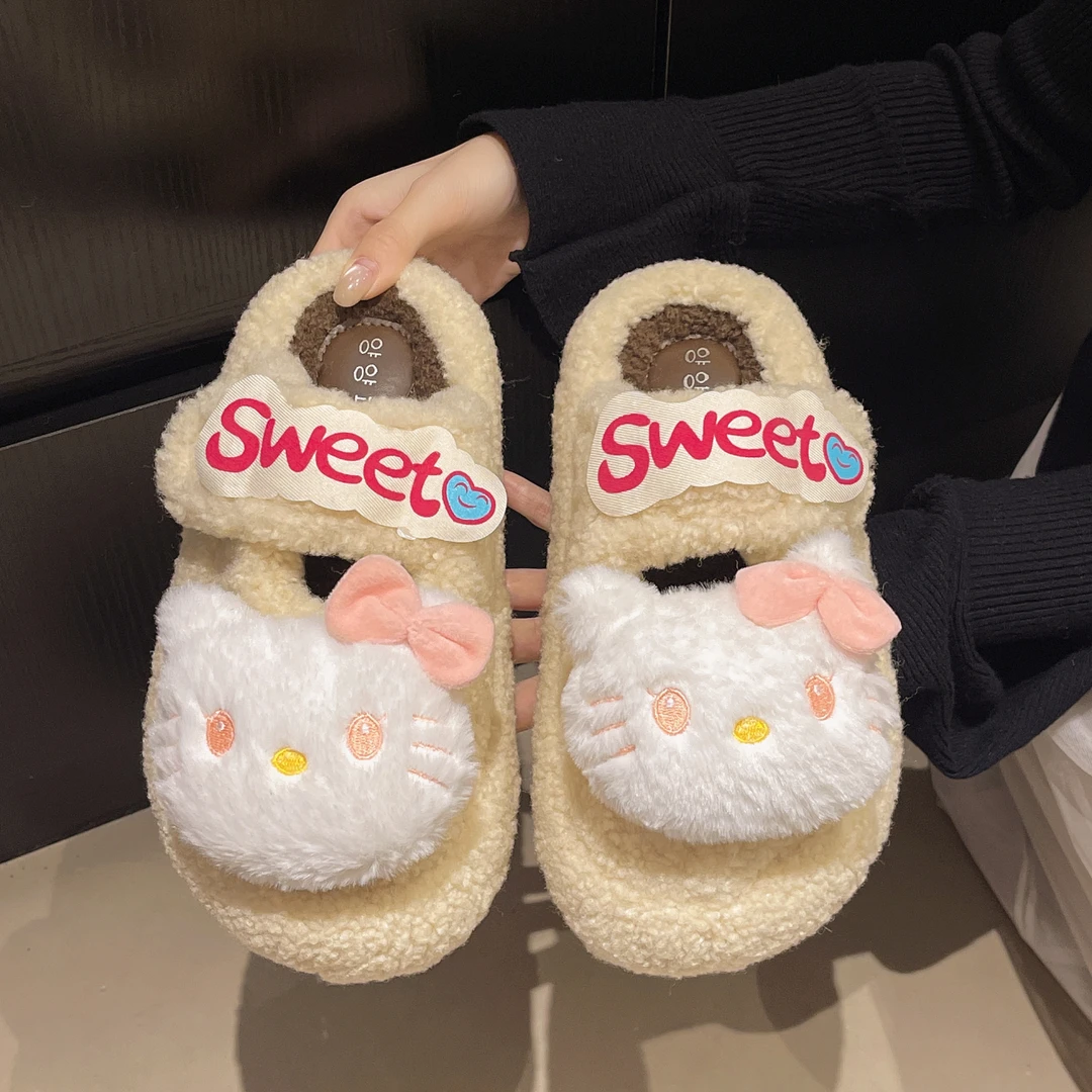 可爱卡通凯蒂猫厚底保暖毛毛鞋女2025秋冬新款外穿百搭舒适棉拖鞋