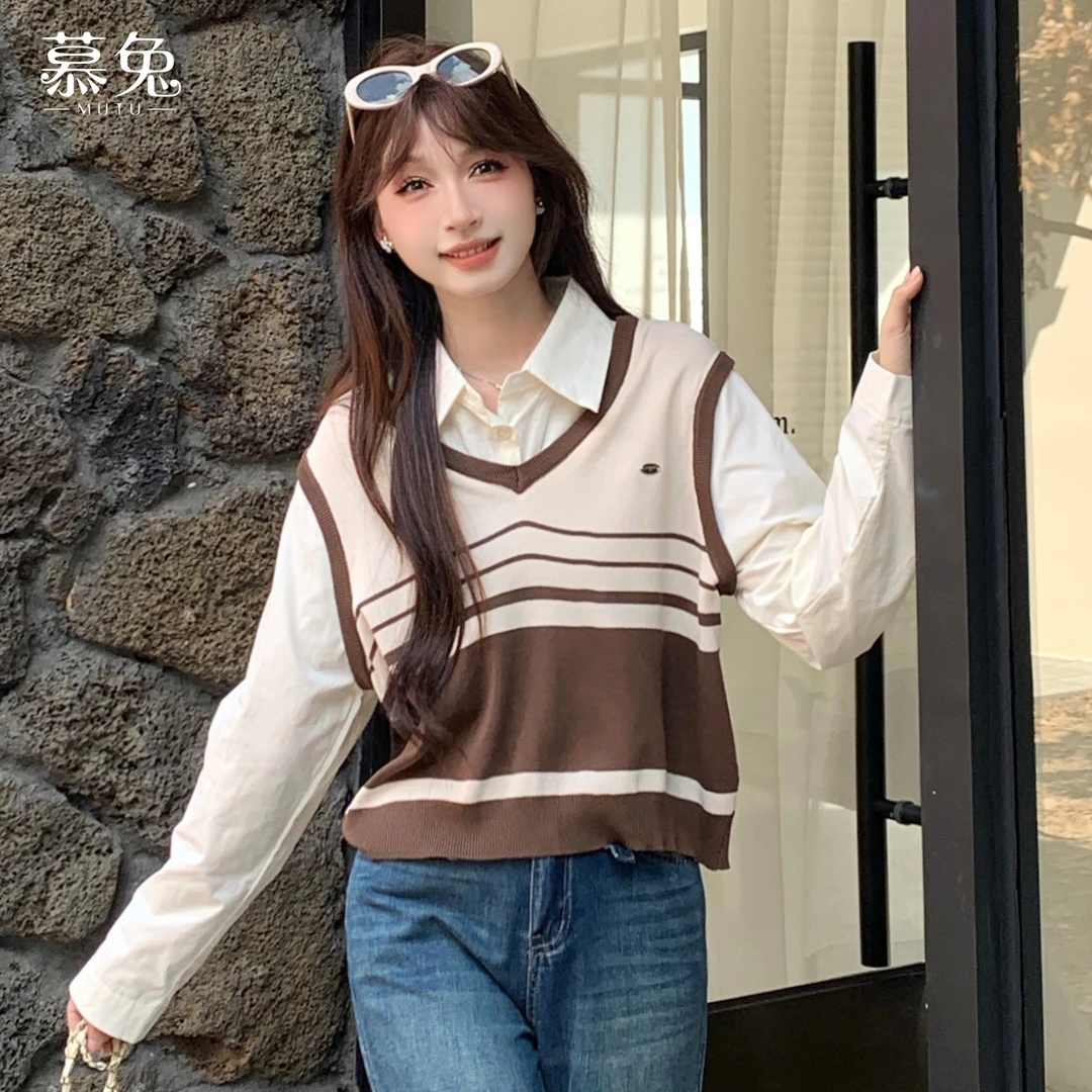【粉丝专属】TU28773复古假两件条纹衬衫设计感小宽松长袖针织上衣