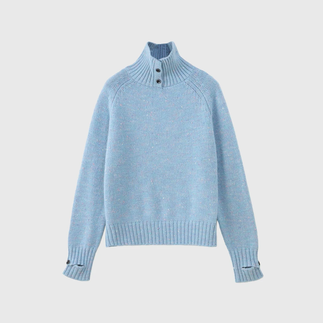 秋冬新款高领纽扣羊绒羊毛针织套头衫修身显瘦气质优雅