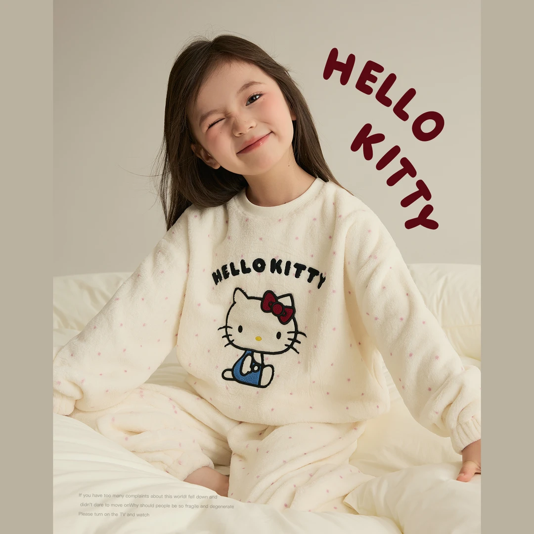 辰辰妈【波波猫】女童kitty法兰绒撞色波点家居服套装8930DH/8930D