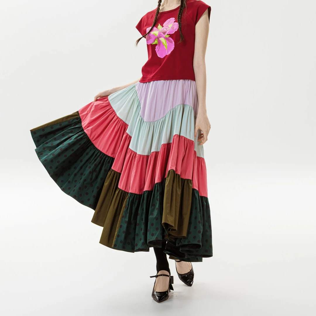 DELCHEN+  2025SS  多层拼色不规则裙摆半身裙DC+SY71111