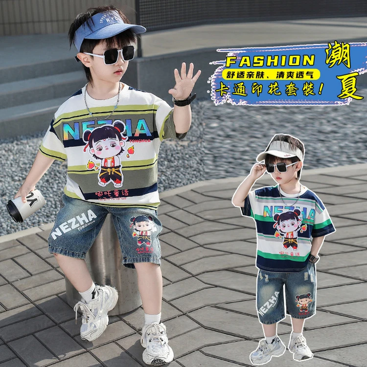 新款夏季可爱印花男孩两件套潮百搭短袖休闲裤时尚透气
