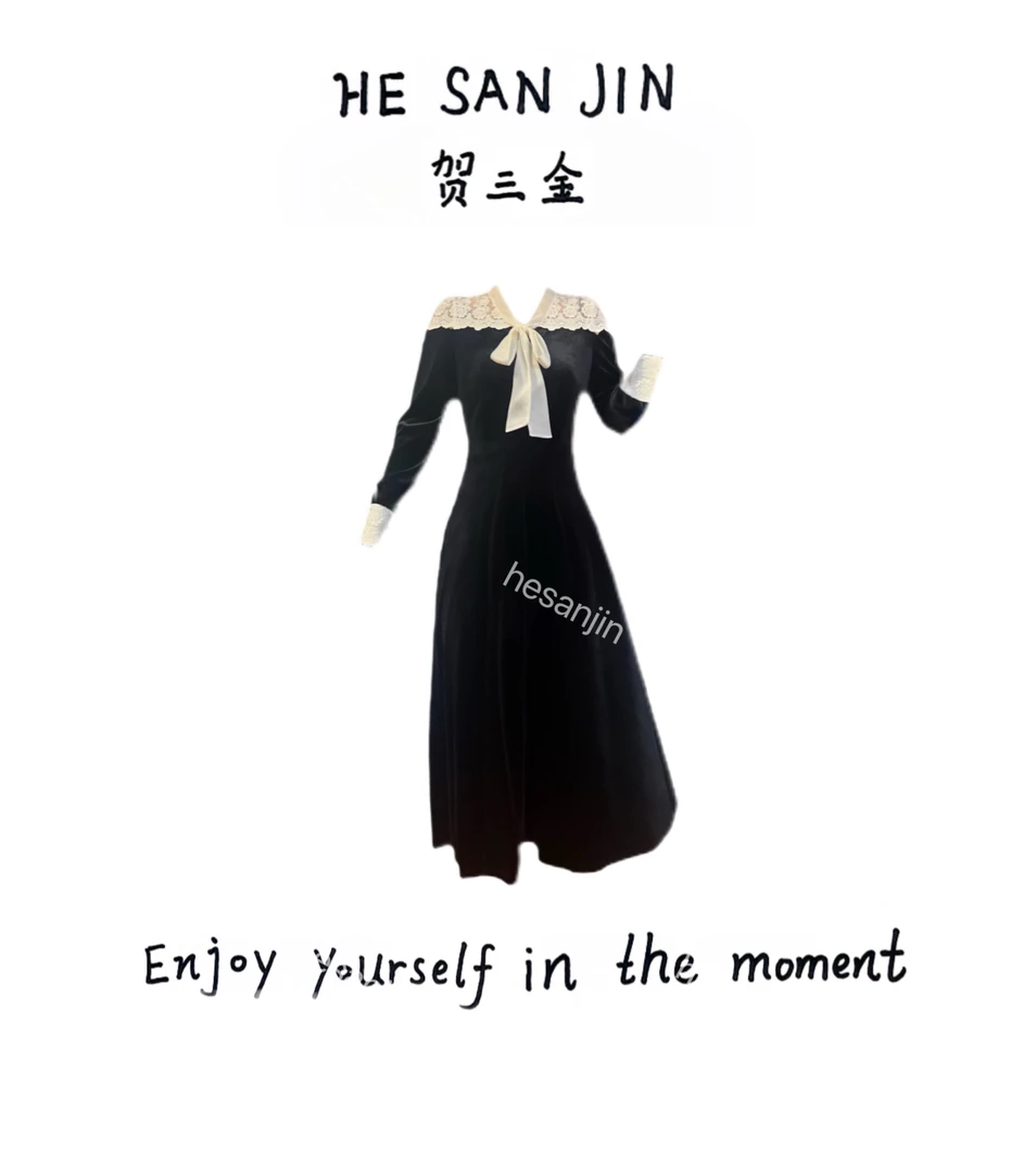 【HESANJIN贺三金】品牌丝绒 蕾丝花边 长裤 显瘦 打底连衣裙