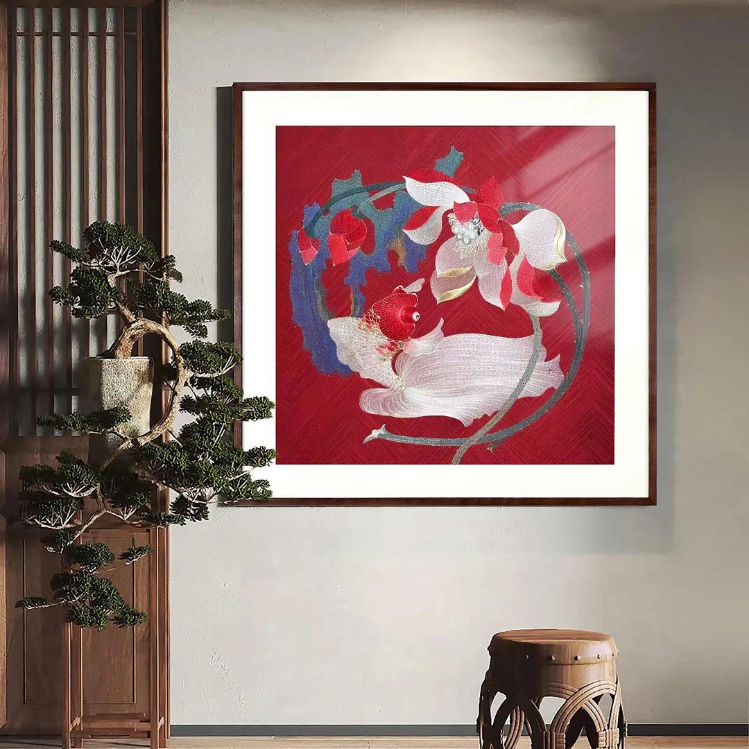 江南刺绣局《锦鲤戏莲》刺绣装饰画，客厅挂件玄关茶室，宋代美学