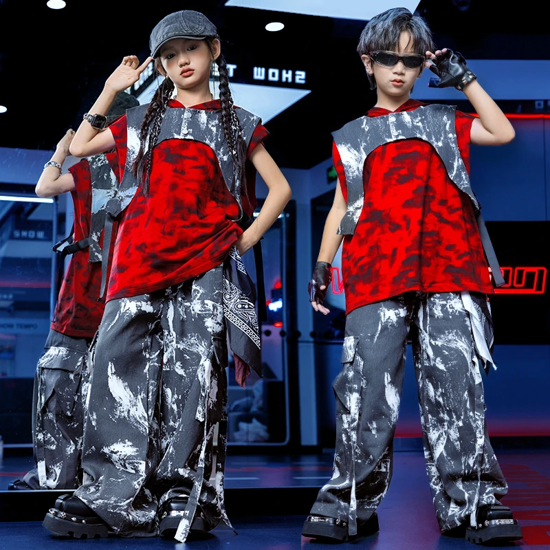 儿童街舞潮服男女童酷帅背心扎染长裤嘻哈hiphop架子鼓走秀演出服