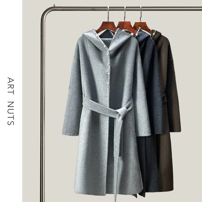 悦迷Art Nuts 温柔遐想 冬季连帽通勤宽松时尚百搭毛呢长款大衣