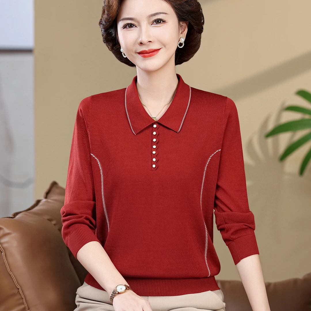 2025新款妈妈秋装长袖上衣洋气中老年女装春秋宽松大码针织打底衫