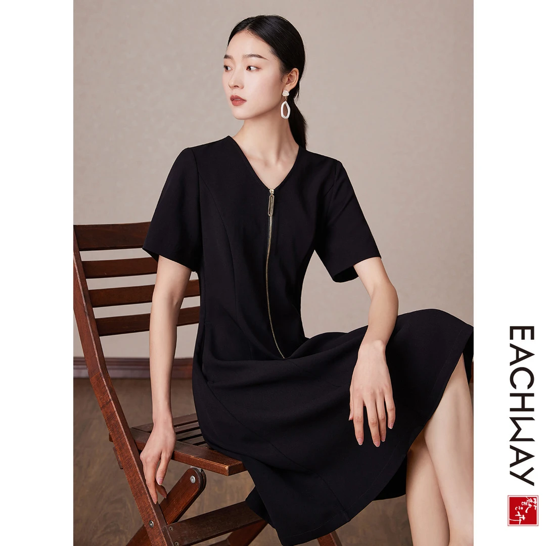 艺之卉【亲肤醋酸】气质通勤黑色v领连衣裙女夏季收腰a字裙