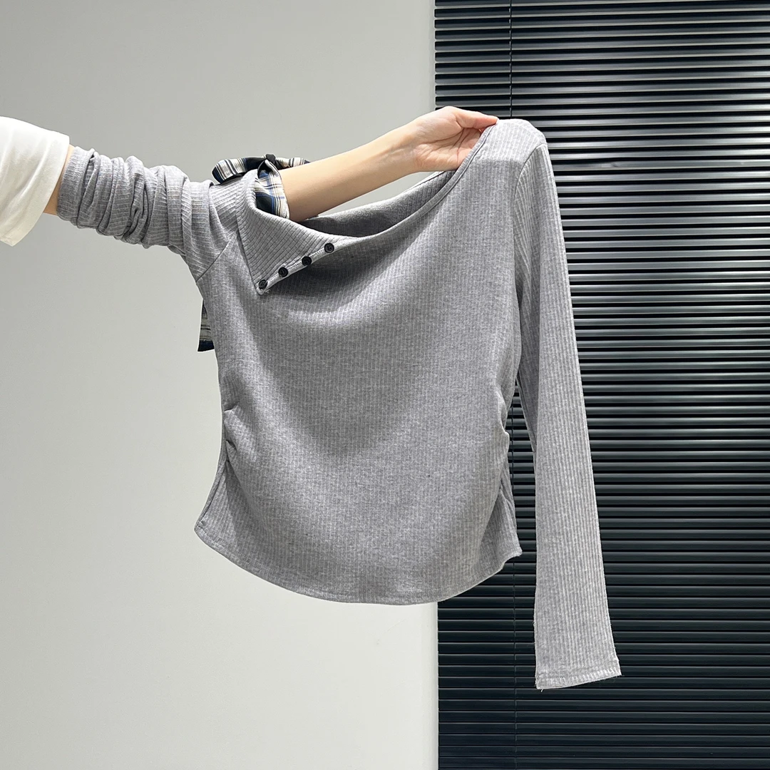 小婉薇 设计感蝴蝶结绑带斜肩长袖T恤女2026秋冬褶皱修身内搭上衣