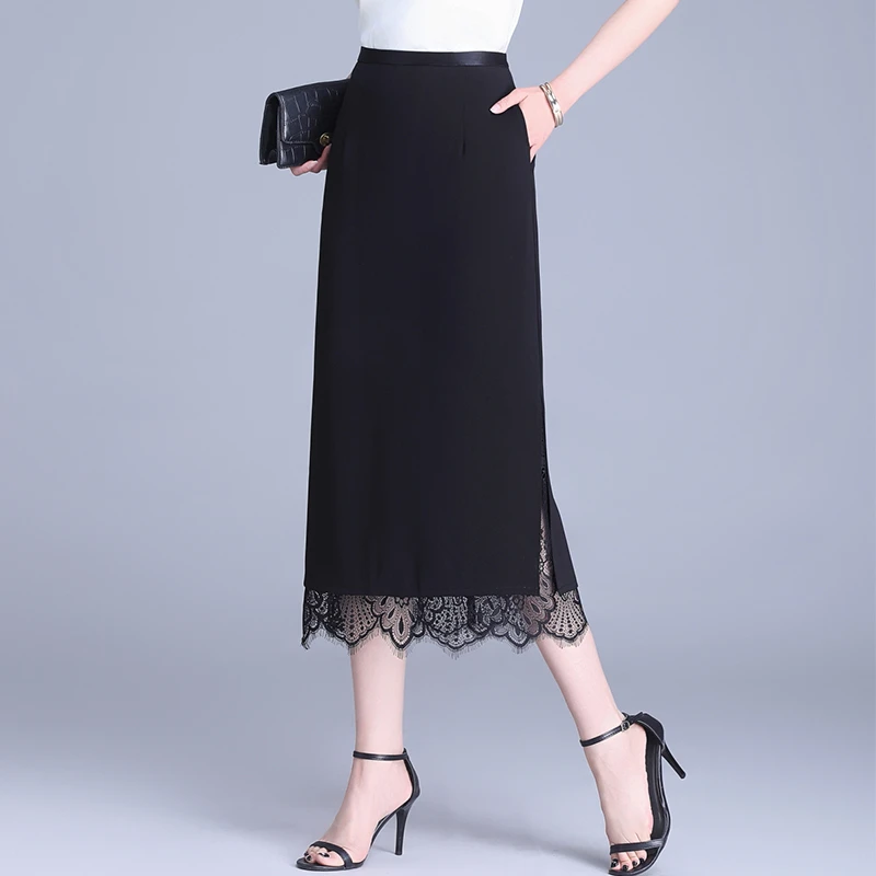 蕾丝拼接一步裙女夏季2025新款高腰显瘦开叉直筒裙中长通勤包臀裙