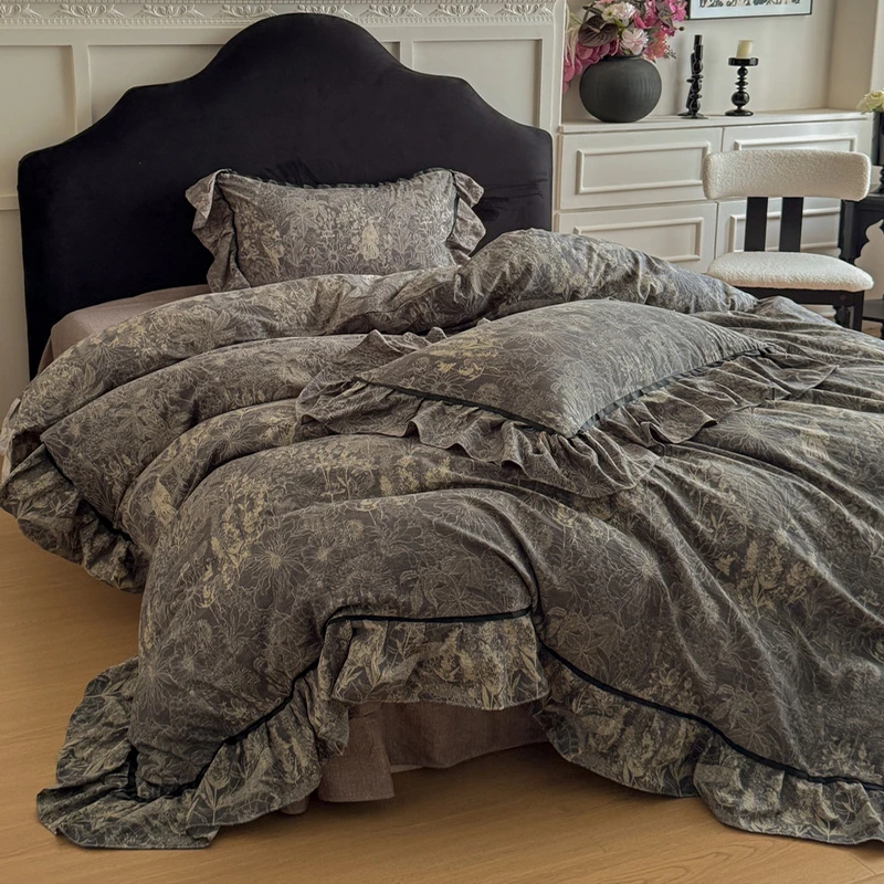 秋冬定制款加厚法式复古亚麻四件套透气花边欧式大床单被套四件套