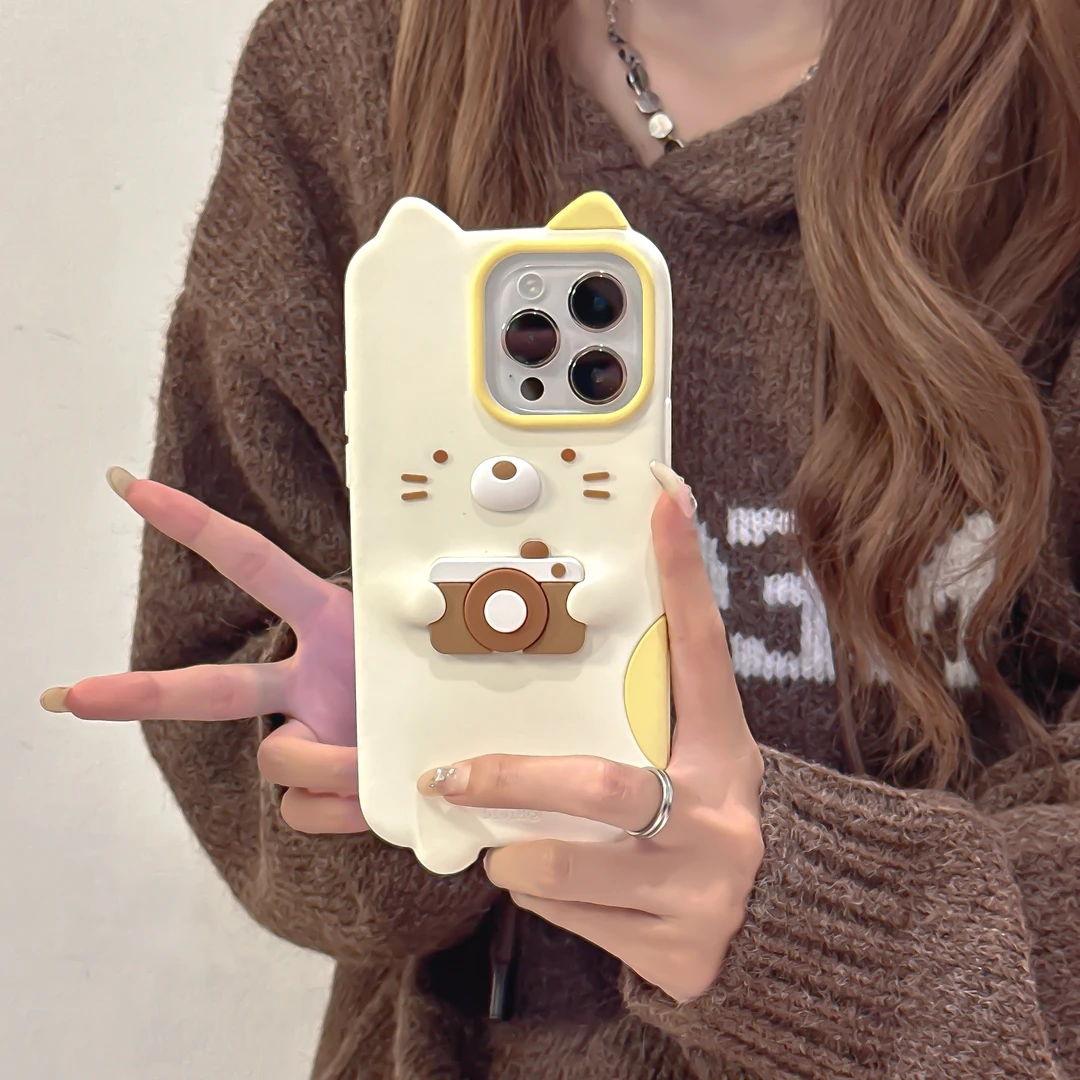 苹果|卡通拿相机猫咪可爱ins适用iPhone16女款创意立体硅胶手机壳