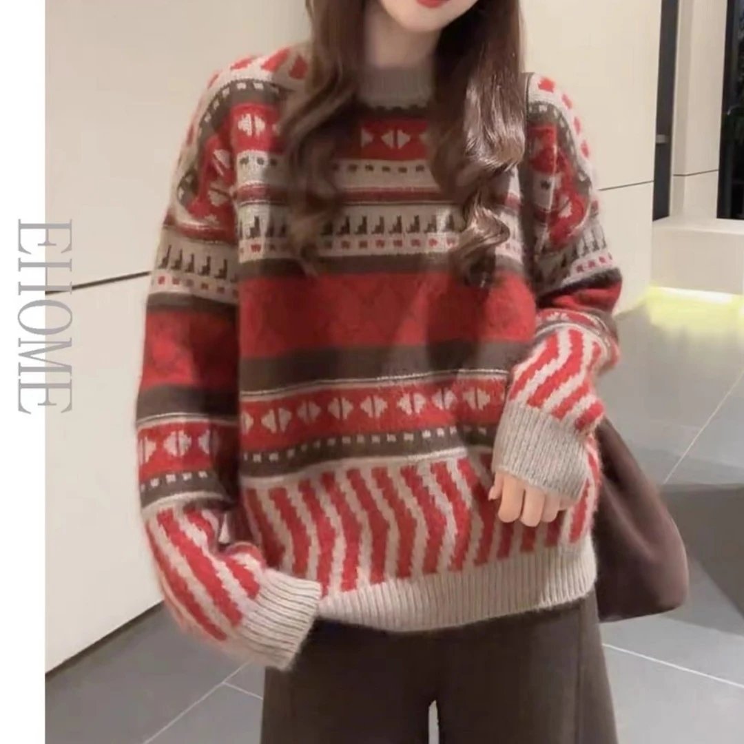 复古新年提花小众设计感毛衣女秋冬新款时髦洋气宽松慵懒风针织衫