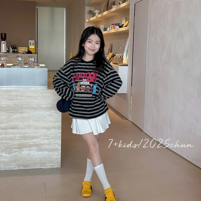 DTA2506 女大童韩版洋气休闲长袖T恤春装新款圆领条纹印花上衣潮