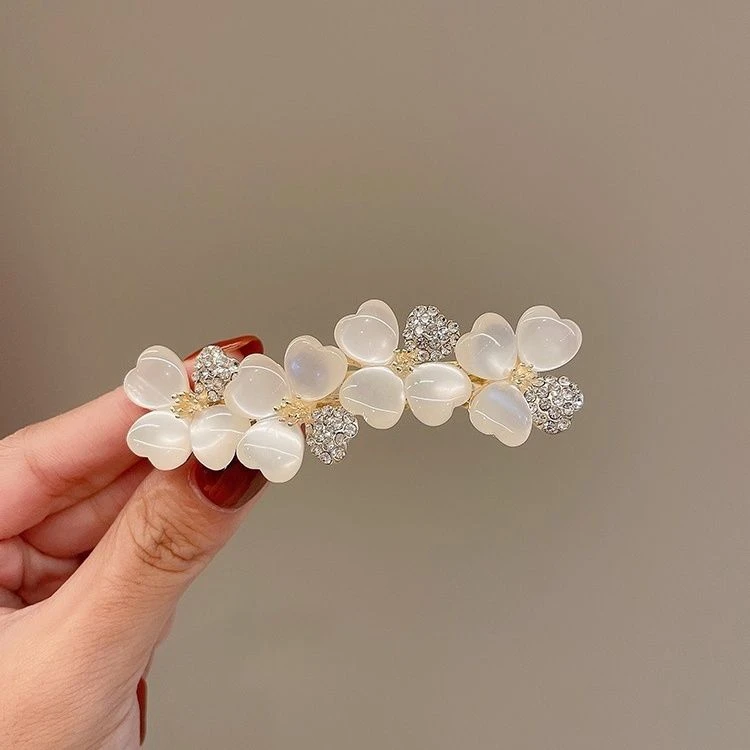 ins风发夹水钻四叶花弹簧夹精致后脑勺半扎发新款顶夹刘海侧边夹