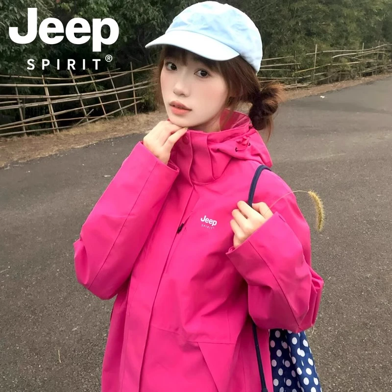 JEEP SPIRIT玫红色冲锋衣女款春秋季2025新款三合一防风开春外套