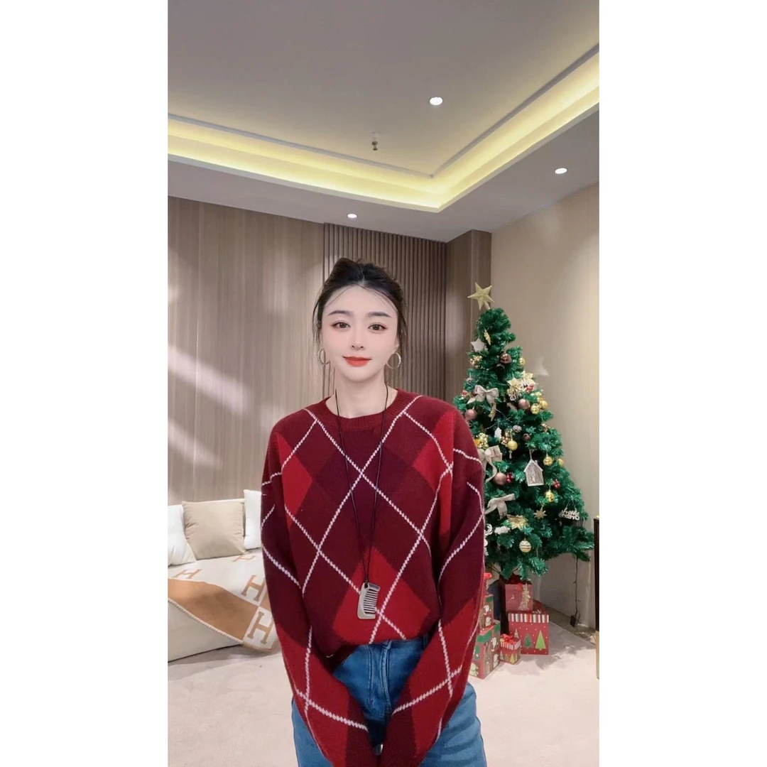 2025新款时尚撞色百搭菱形格纹休闲针织上衣H661M01D30926