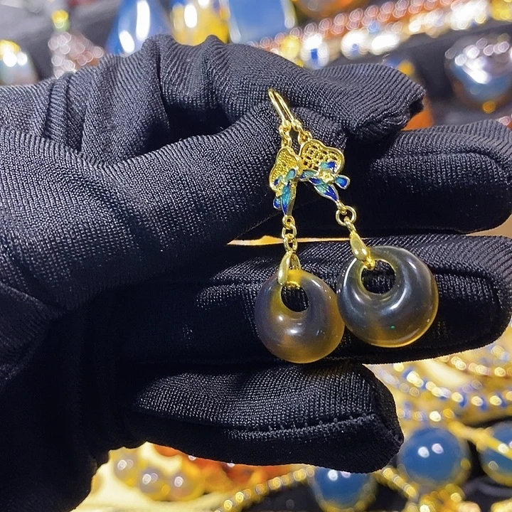 琥珀未镶嵌珠宝奇石棕红耳环