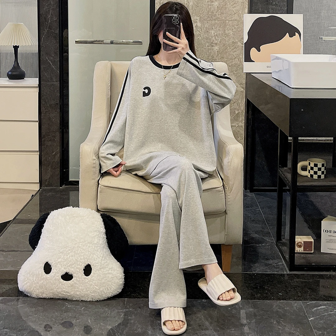 纯棉睡衣女春秋季长袖大码2025年新款可外穿舒适字母家居服套装