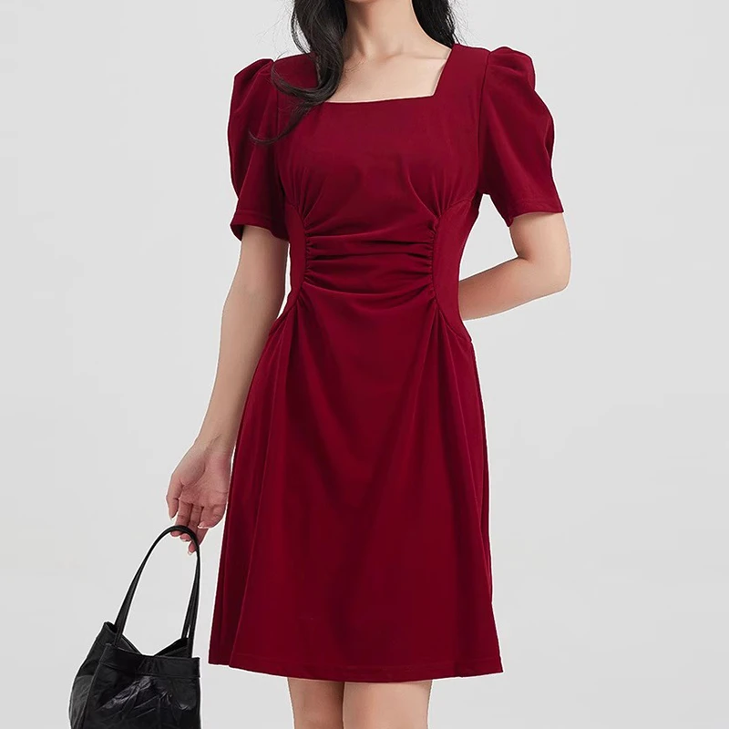 女高弹力夏季短袖高腰修身连衣裙晚礼服显瘦裙子气质设计感小个子