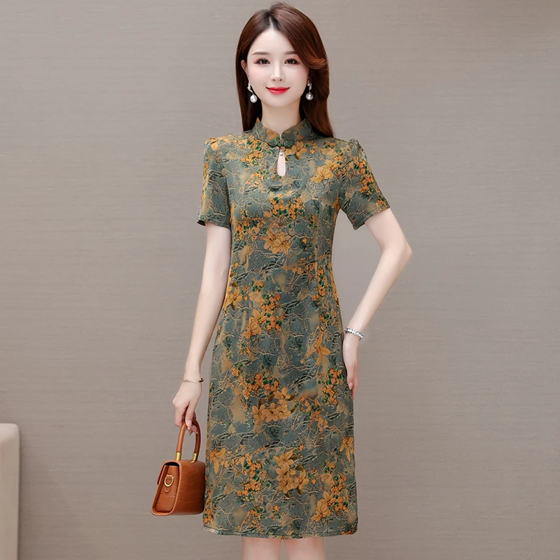 复古裙子女气质洋气时尚中长款修身中国风遮肚妈妈装显瘦夏季印花