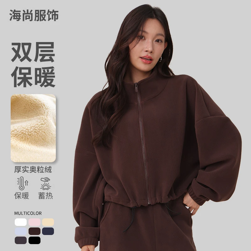 秋冬新款宽松版摇粒绒运动外套女 加厚抓绒卫衣颗粒绒保暖服上衣