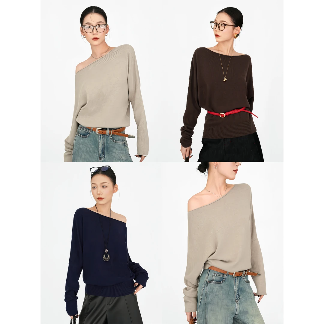 Nietzsche｜奶霜奶绒衫｜羊绒慵懒卷边多穿斜肩造型蝙蝠袖毛衣25230