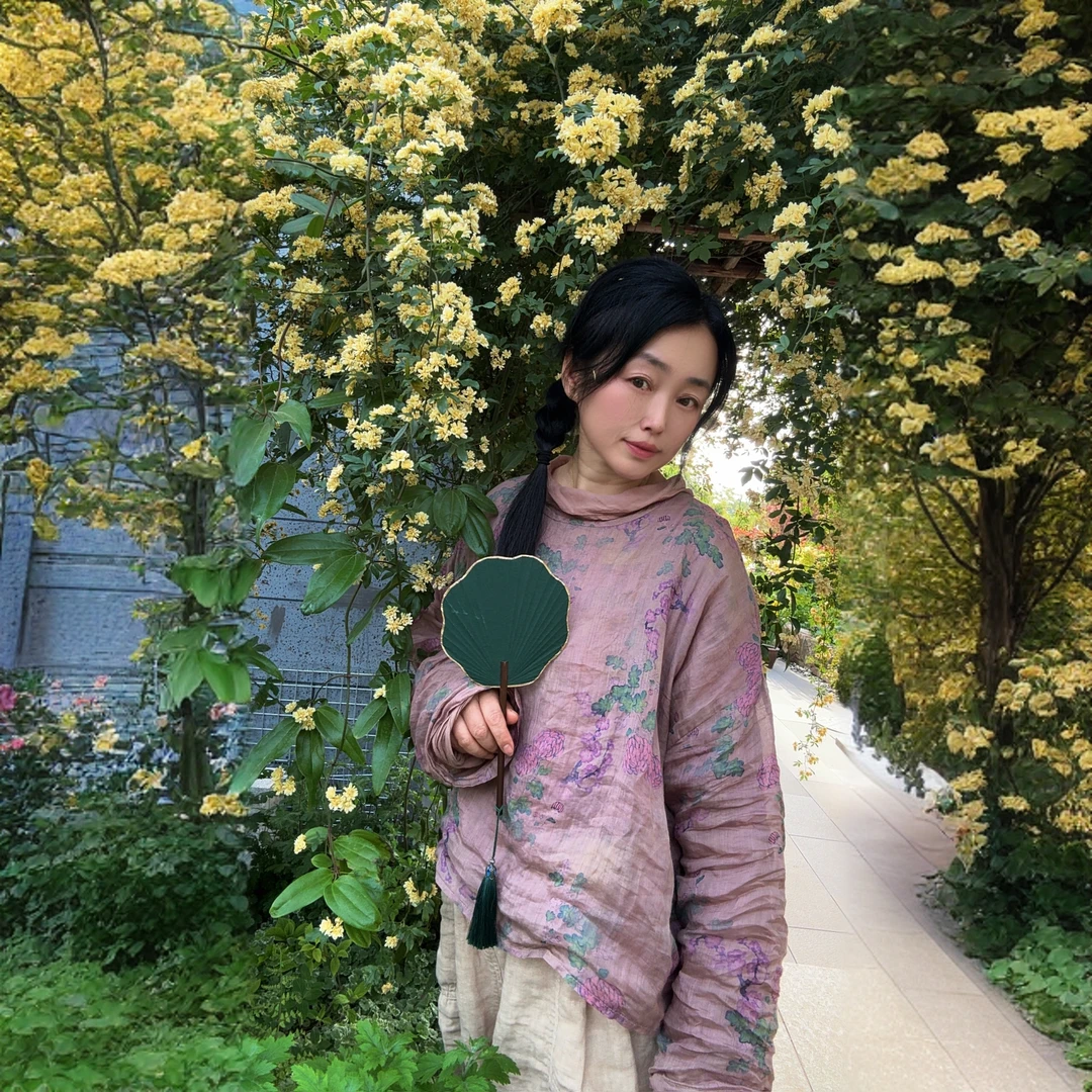 4422轻薄印花苎麻网红款上衣文艺圆领女衬衫长袖夏日防晒遮阳衣