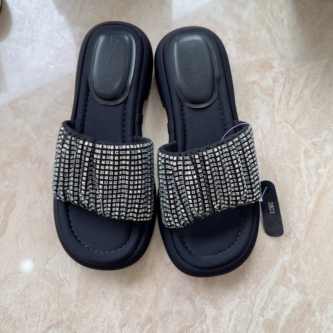 3803水钻千金风粗跟韩版一字型一字拖露趾平底凉拖鞋