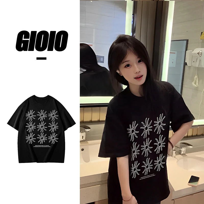 韩系太阳花印花慵懒感T恤女生夏季重磅潮牌短袖半袖宽松时尚