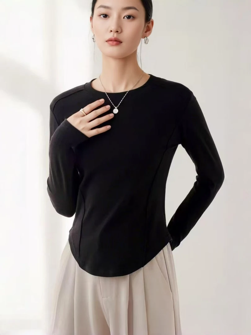 德绒气质保暖长袖打底衫女式修身百搭时尚圆领秋冬纯色休闲