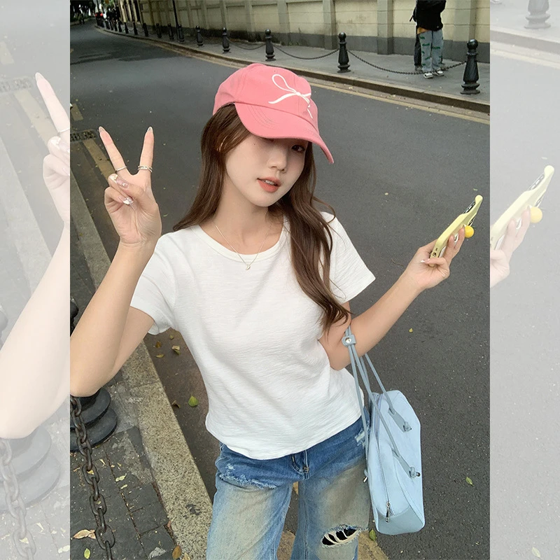 韩系正肩小众设计感圆领短袖T恤女夏季新款不撞款简约百搭短上衣