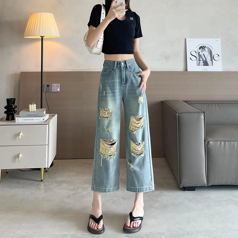 大破洞直筒七分牛仔裤女百搭薄款高腰显瘦宽松小个子牛仔七分裤