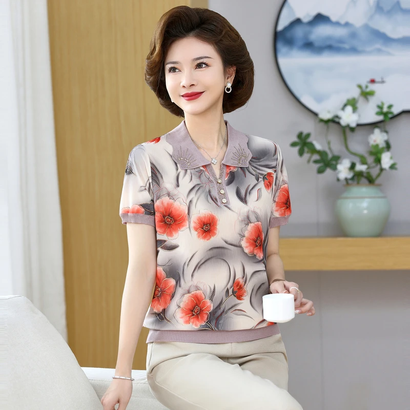 洋气妈妈短袖新款夏装冰丝翻领小衫中老年女夏季时尚薄款T桖上衣
