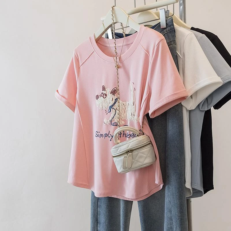 大码胖mm鱼骨遮肉宽松短袖印花T恤女夏季新款时尚圆领休闲风上衣