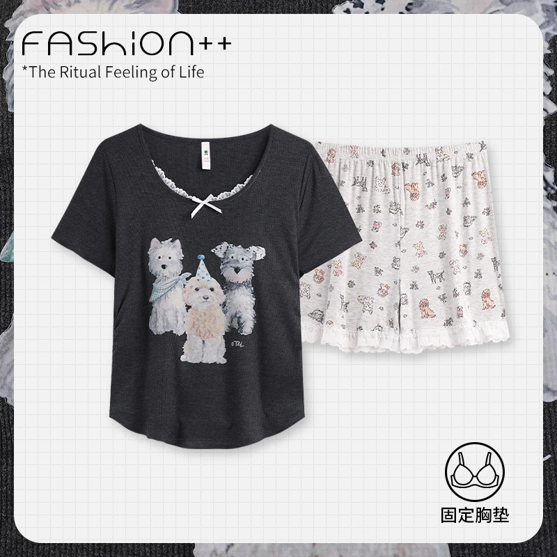 睡衣套装家居服套装柔软印花夏季短裤短袖家居服胸垫2190