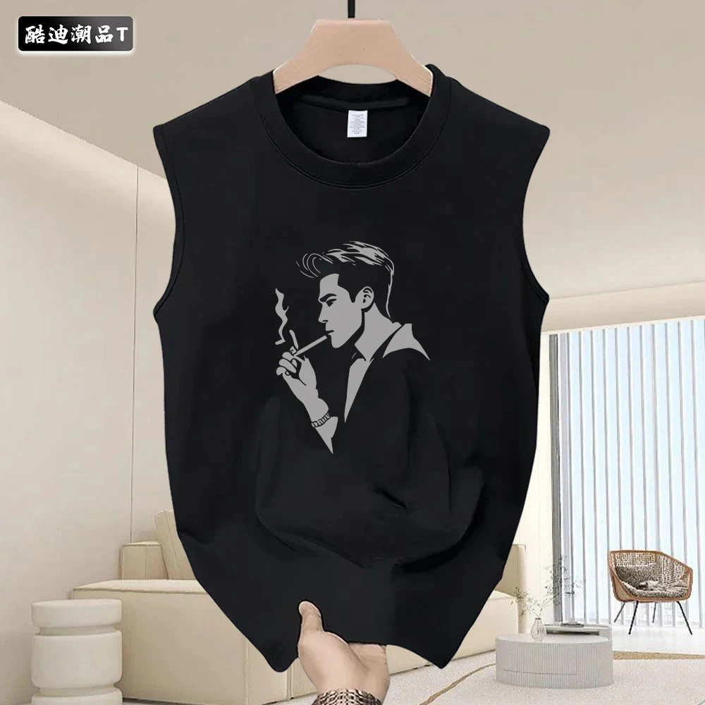 夏季宽松休闲复古美式个性印花男女圆领纯棉无袖背心T恤百搭潮流