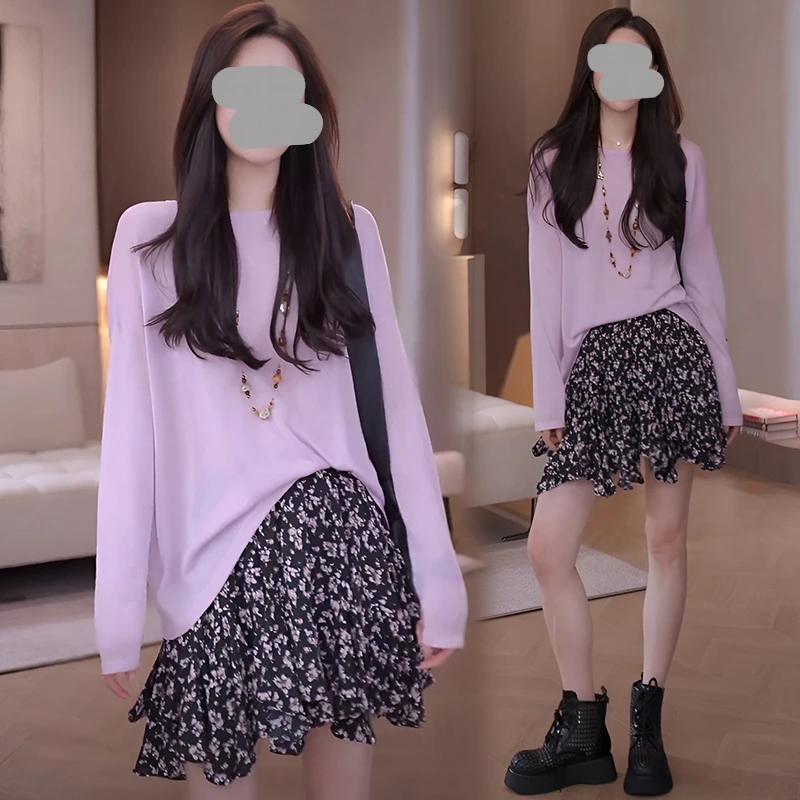 2025夏季百搭纯色防晒罩衫长袖T恤+显瘦气质松紧腰碎花短裙两件套