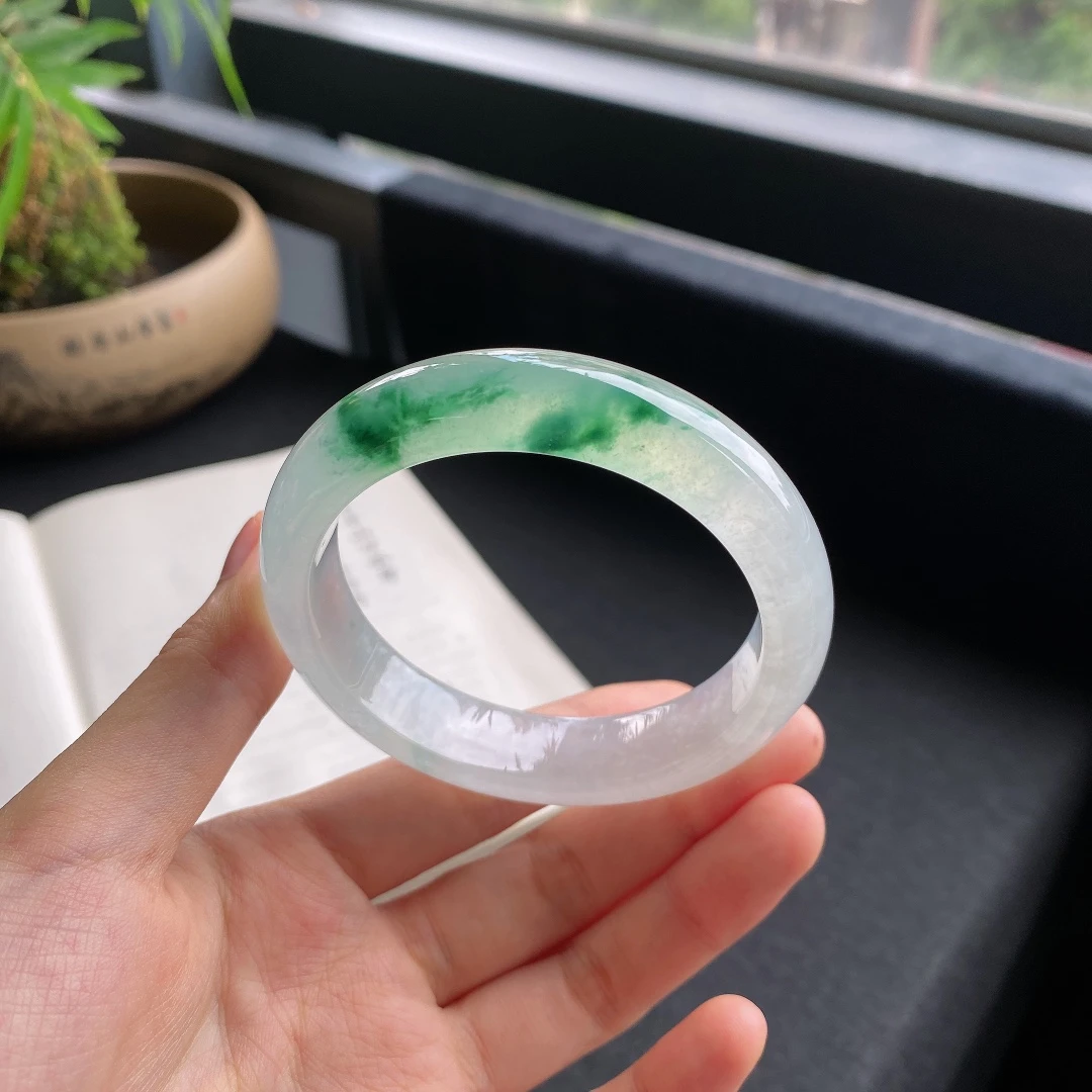 好色珠宝  圈口54缅甸老坑A货冰种飘绿花正圈女款翡翠手镯