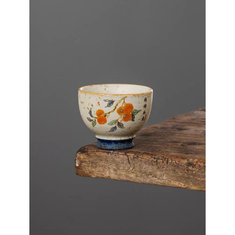 青花火石红柿柿如意芙蓉圆口杯
