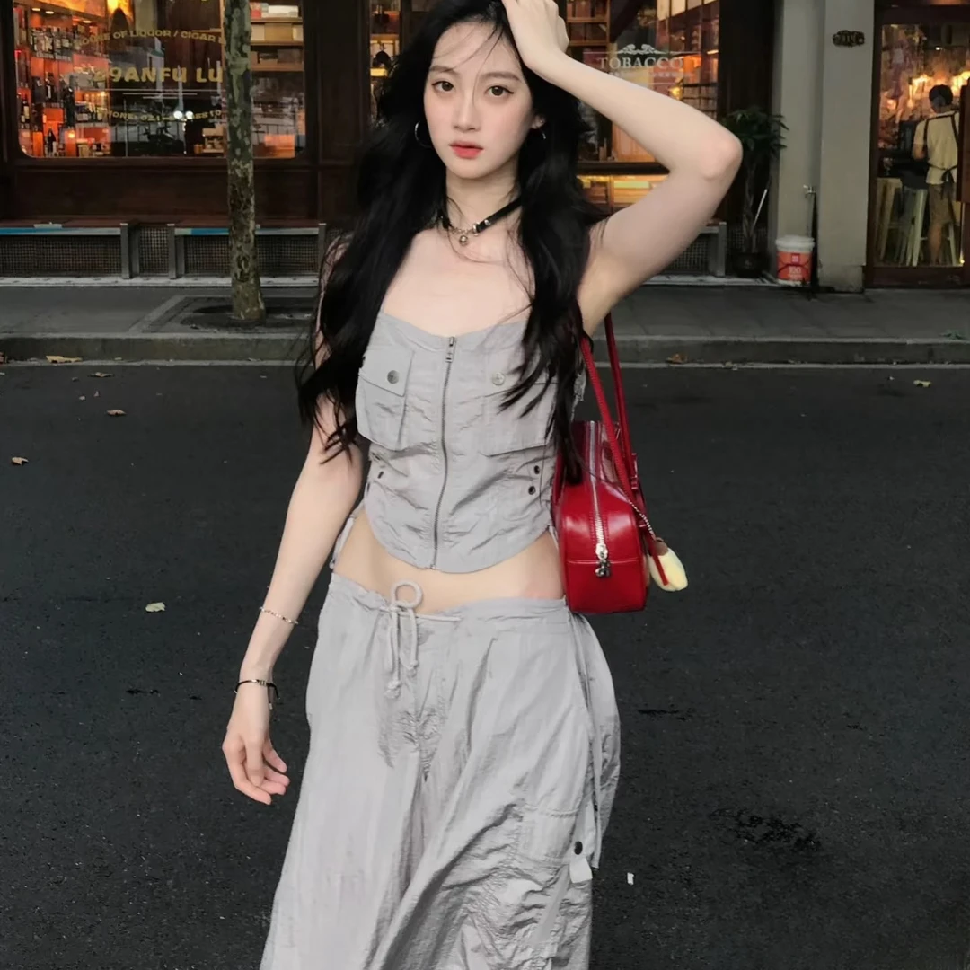 SK尘埃会工装拉链吊带背心可调节