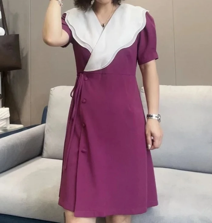 【卿她】撞色荷叶领短款连衣裙夏季气质显瘦百搭休闲时尚宽松