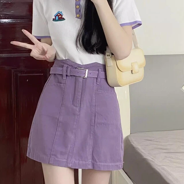 夏季多巴胺套装女新款小个子衬衫上衣紫色工装牛仔短裙一整套甜酷