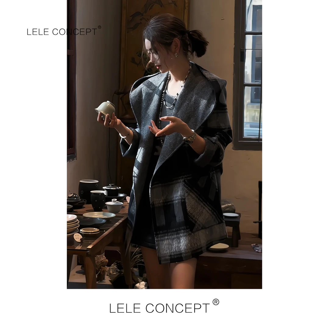 LELE CONCEPT丨「丽」都市轻奢时装款连帽腰带款格子大衣D0128
