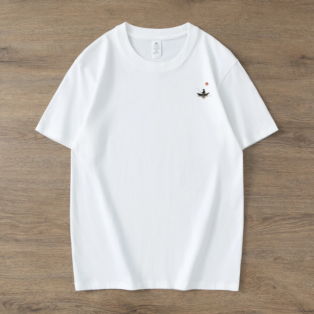 短袖-寒江独钓-纯棉t恤男士打底圆领半袖夏季出游短袖国潮国潮