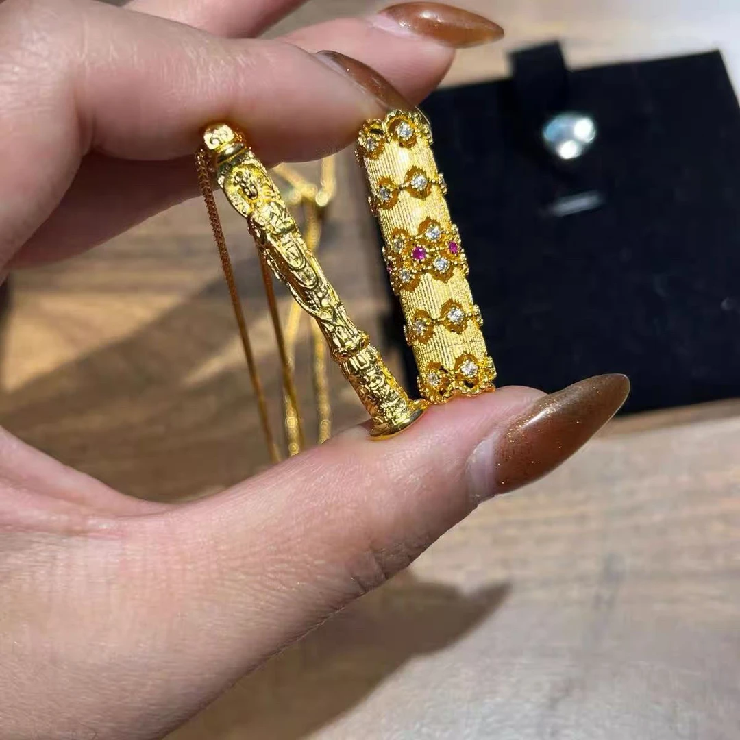 非金属珐琅项链 海卓~古法花丝镂空纱金转筒吊坠随身佛项链女