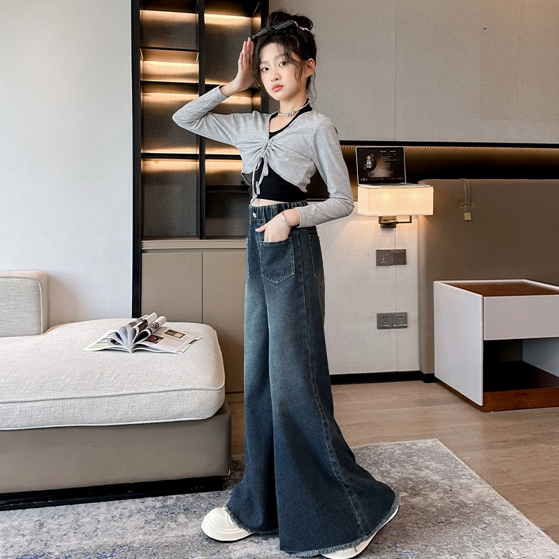 春秋新款大童宽松女童秋季洋气女童女童阔腿裤女童女童加绒裤子