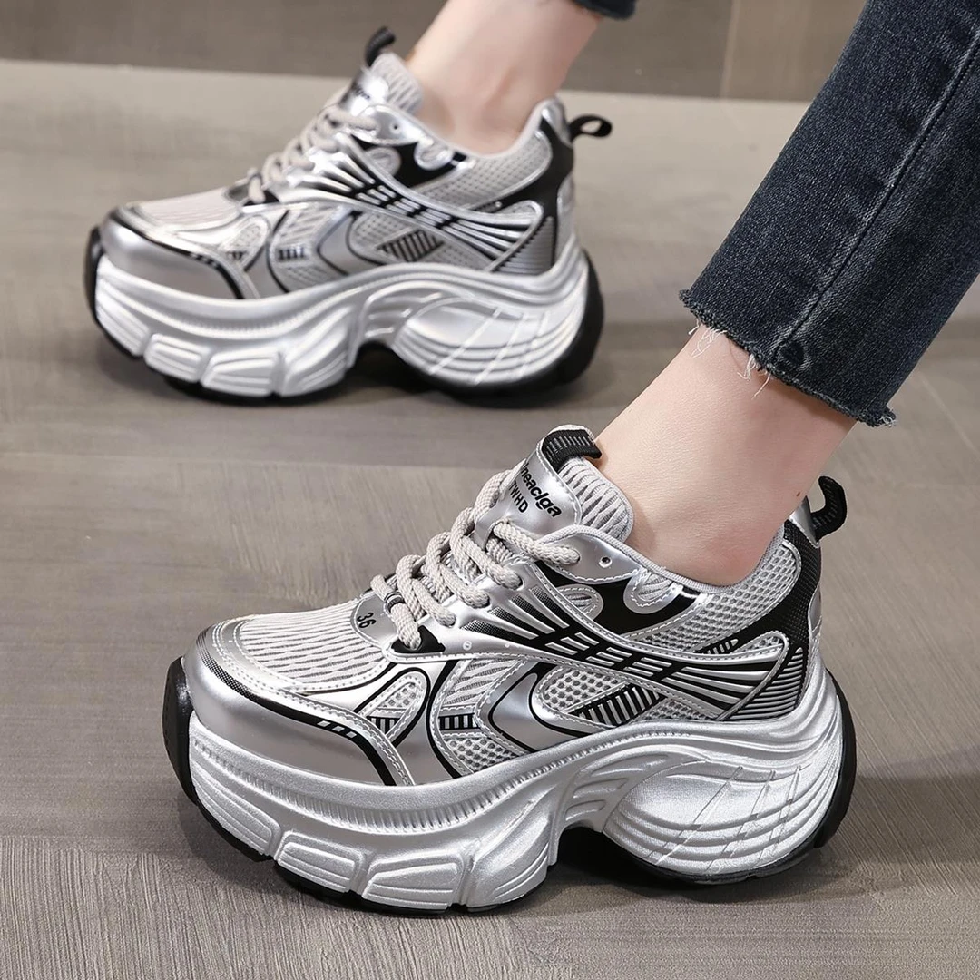 万达撤柜头层牛皮厚底内增高老爹鞋女款2025夏春秋软底休闲运动鞋